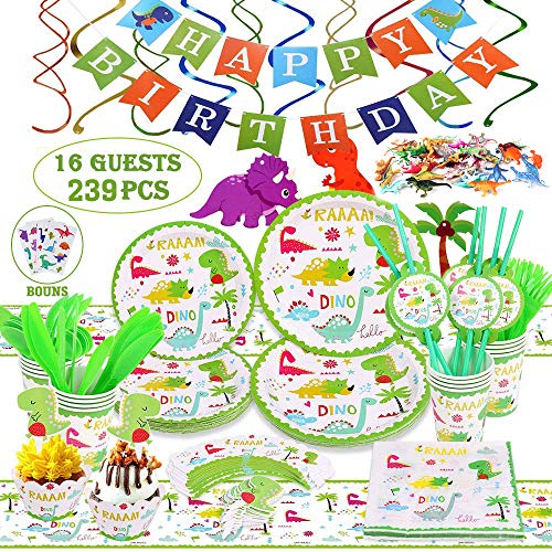 239 PCS 16 Gäste Dinosaurier Party Supplies Set, Dinosaurier Party Favors gehören Teller, Tassen, Servietten, Besteck, Cupcake Topper, Banner, Tischdecke, Strudel, Aufkleber & Dino Spielzeug.