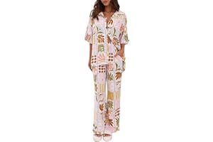Yassiglia Women Summer Boho Print 2 Piece Outfits Button Down Shirt and Wide Leg Pants Set Holiday Lounge Wear Beachwear Trouser Suits for Women