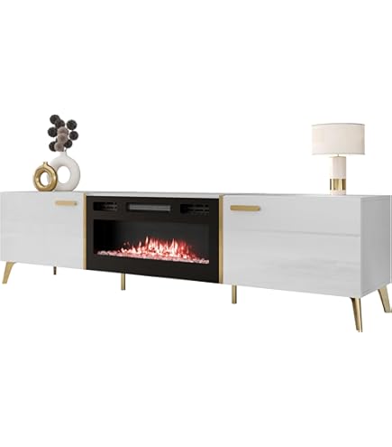 Meuble TV 183x38x35 Cm Blanc Brillant/blanc Mat ROTA Avec Cheminée Intégrée Noir Meuble Hi-fi Mural