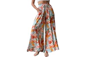Odizli Damen Elegant Boho Blume Chiffon High Waist Locker Palazzo Lang Weite Hose Strandhose Sommerhose