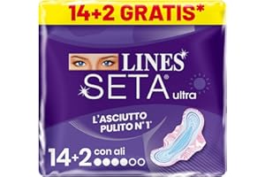 Lines Seta Ultra con Ali, 16 assorbenti giorno con ali a incastro perfetto. Per flussi normali e ipoallergenico. Comfort e asciuttezza per il giorno con cuore super assorbente.