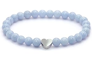 LAKADA Bracelet en angélite bleue véritable pierre précieuse avec perles rondes de 6mm et cœur en acier inoxydable - différentes longueurs - bracelet en pierres précieuses porte-bonheur talisman cadeau