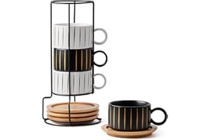 HOME DECOR Ceramiczny kubek do kawy z możliwością układania w stos, 180 ml kubki do cappuccino i spodek z metalowym stojakiem na filiżanki do espresso, cappuccino i latte, zestaw 4 szt., kolekcja w