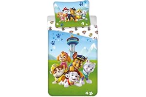 AYMAX Parure da letto Pat Patrol reversibile, 100% cotone, copripiumino 140 x 200 cm + federa 65 x 65 cm, con Everest, Stella, Chase, Marcus e Ruben