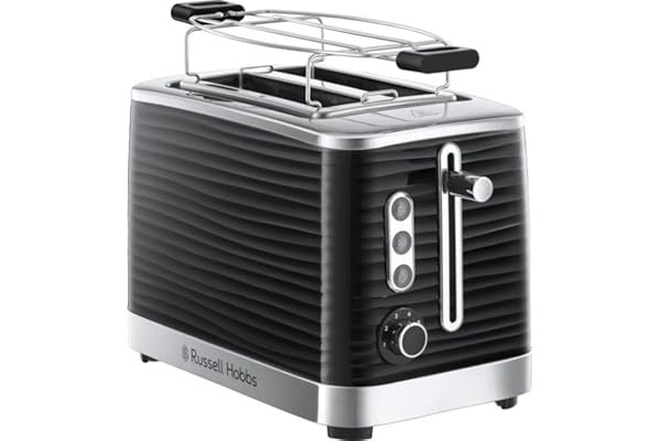 Russell Hobbs Grille-pain (2 Fentes Extra Large) Inspire noir (2 Tranches, structure brillante HQ, Tiroir à miettes, 6 niveaux de brunissage, décongélation et réchauffe-viennoiseries)Toaster 24371-56