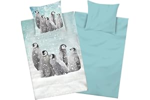 ‎AMINATA KIDS Aminata kids Biber Pinguin Bettwäsche 135x200 Pinguine Kinder & Erwachsene - weich, warm - Flanell Baumwolle mit Reißverschluss Wende-Motiv - Winter-Tiere - Schnee - Petrol, weiß