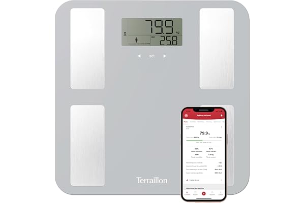 TERRAILLON - SMART CONNECT, Pèse Personne Connecté, Balance IMC, 8 Utilisateurs, Bluetooth Low Energy, Capacité 160Kg, Gris