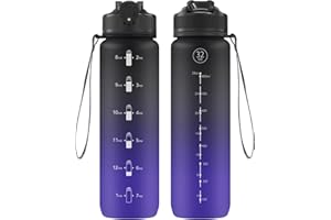 NAVTUE Water Bottle, 1L Drinks Bottle with Straw, Time Markings, Leak Proof, Tritan BPA free for School/Cycling/Running (DarkDeepBlue)