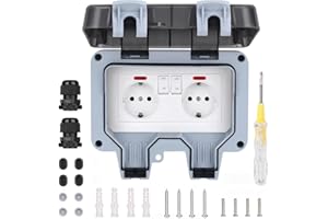 SHIRYLZEE Enchufe Exterior Impermeable, Toma de Corriente Exterior IP66, Enchufe Doble Exterior, Enchufe Exterior Estanco con Interruptor y Luz Indicadora para Casa Cocina Baño Garaje Jardín Piscina