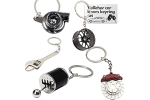 5pc Car Lovers Key Chain Set,Manual Gear Shifter,Wheel Rim,Spanner,Turbo,Brake Disc keychain,Automotive Accessories,Auto Vehicle Enthusiast Gift Set,Car Truck Bike, Grey and Black, One size