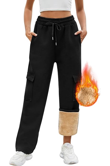 UMIPUBO Fleece gevoerde joggingbroek voor dames - Sherpa winterjoggingbroek met zakken - Thermische joggingbroek met trekkoord - Warme sportbroek voor de, Navy Blauw