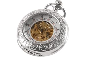 TIONG Mechanische Vintage-Taschenuhr mit Kette, Skelett, römische Ziffern, Steampunk, Taschenuhren und Geschenkbox