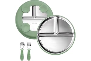 OSKUGLIN Platos para niños pequeños, Platos de Acero Inoxidable con Ventosa para Bebé y Set de Cucharas y Tenedores, Utensilios para Bebé, Juegos de Cucharas y Tenedores para Bebés Divididos (Verde)