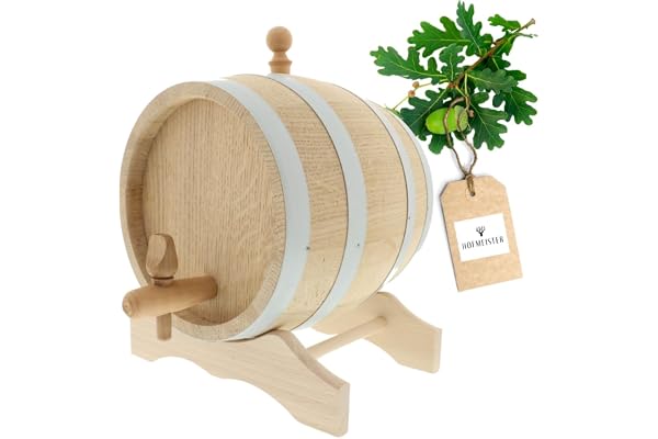 HOFMEISTER® Tonneau en chêne 3L pour vin, Whisky & Eau-de-Vie, Fabrication Artisanale UE, avec Robinet, Bouchon & chevalet, 25,5 x 22,5 x 26,5 cm