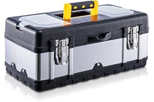 CROWNSHOP Tool Box ToolBox StorageHeavy Duty Stainless Steel Portable Toolbox with Metal Dual Latch Removable Tray Storage Case with Tray and Latch for Small Parts for Tools (19 Inch)