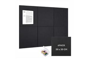BRAVOFORGE Large Felt Bulletin Board, 6 Pack 30 x 30 cm Black Pin Notice Board with 30 Pushpins and 36 Safe Removable Adhesive Tabs, Cork Boards Alternative, Felt Wall Tiles for Wall, Home, Office（Black）