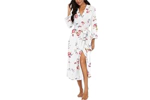 PrinStory Damen Bademantel Leichter 3/4 Ärmeln Morgenmantel V-Ausschnitt Kimono Roben Langes Nachtwäsche