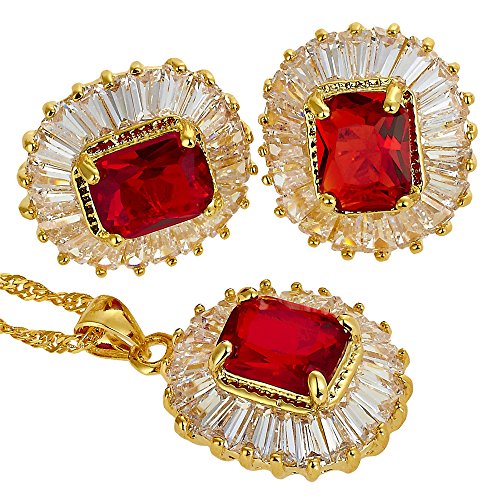 Rizilia Joyas corte de la esmeralda del Rubí Rojo de la piedra preciosa zirconia 18K Chapado en oro amarillo collar pendientes Conjunto de joyas [bolsa de la Joyas libre]