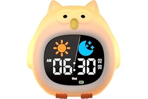 Yissvic Budzik dla dzieci dla początkujących w szkole, dla chłopców z lampką nocną RGB, budzik edukacyjny, 2 alarmy, tryb weekendowy, drzemka 10, biała sowa, styl