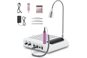 GJCRAFTS Ponceuse à ongles électrique 4 en 1 avec extracteur 60 W et filtre lavable – Coupe-ongles professionnel 30000 tr/min avec lampe LED 5W, 50 limes demi-lune double face pour pédicure et manucure (White)