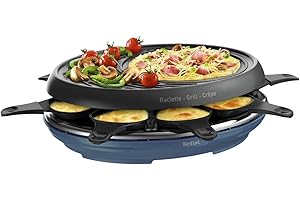 Tefal Raclette Colormania 3 en 1 Appareil à Raclette Grill et Crêpe, Revêtement Antiadhésif Easy Plus, 8 Coupelles, Compatible Lave-Vaisselle, 1050 W, Bleu Acier RE310401