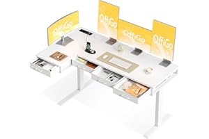 OffiGo Biurko z Regulacją Wysokości, 160x80 cm Elektryczne biurko z 4 szufladami, Duży Stół Narożny z Gniazdkiem, Standing Desk Litery L stojące i Schowkiem do Biura i Gabinetu, biały