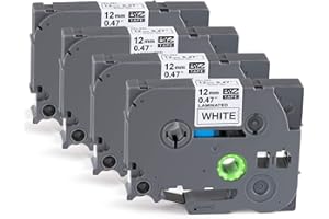 4 x Ruban Etiqueteuse Cassette Ruban pour étiqueteuse Noir sur Blanc 12mm x 8m,Compatible Brother P-Touch Étiqueteuses PT-E100 PT-E200 D200 D210 H100 P300BT 1010 1090 110CH 1230PC