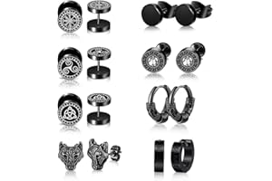 LOCCY Lot de 8 paires de boucles d'oreilles viking en acier inoxydable avec runes nordiques pour homme