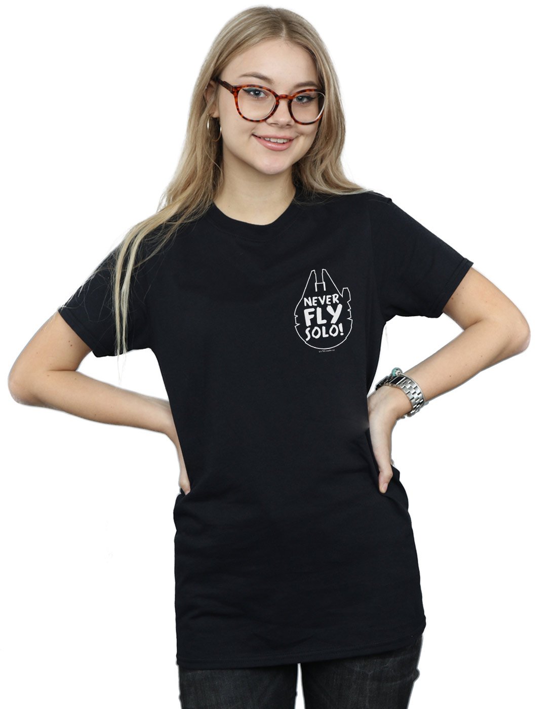 Star-Wars-Damen-Never-Fly-Solo-Boyfriend-Fit-T-Shirt-Schwarz-Small