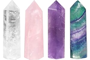 mookaitedecor Natural Healing Crystal Wands Set of 4, Quartz Crystal Stone Hexagonal Point for Chakra Meditation Wiccan Witchcraft Decor Gift, Amethyst & Clear Quartz & Rose Quartz & Rainbow Fluorite
