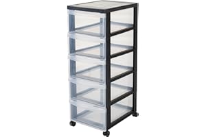 Iris Ohyama Kunststoff-Schubladenbox mit Rollen, 5 tiefen Schubladen, Schwarz, Griffe zum Ziehen, Für Schlafzimmer, Bad, Schule & Büro, BPA-frei, Schubladenschrank, Rollcontainer, A4 Drawer, DC-005