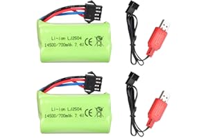 AOFONCHY 2PCS 7.4 V 700 mAh Batería de Litio con Conector SM-4P y Cable de Carga USB para Coche RC, Barco, Camión, Coche de Juguete EC16 DE85, Blaster Eléctrico M416 Gel Ball, AUG M249 QZB95