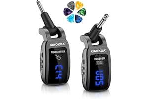 XIAOKOA Ricevitore Trasmettitore Wireless per Chitarra Senza fili UHF, 50m, Ricaricabile, con Schermo Digitale LED, per Basso, Strumenti Musicali