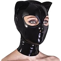 GREEFEI Masque De Chat En Latex Avec Capuche Et Oreilles Noir - Fermeture Éclair Dos - Accessoire Club