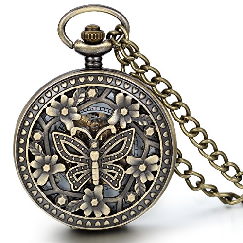 JewelryWe Retro Exquisite Schmetterling Blumen Hohe Openwork Handaufzug Mechanische Taschenuhr Skelett Uhr Pullover Halskette Kette