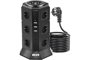 BEVA 12 Prises Tour Multiprise Parafoudre avec 2 USB-C (15W)+3 USB-A +Câble 2M,2500W/10A Prise Multi de avec 2 Interrupteur, Multiprise Electrique Protection Contre Surcharges et Surtensions, Noir