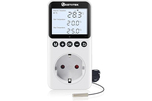 KETOTEK Prise Thermostat Jour/Nuit avec Rétro-éclairage, Régulateur de Température Numérique 220V avec Minuterie, Sonde de 3 Mètres, pour Reptile Terrarium Incubateur