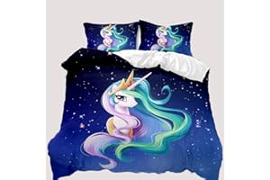 AOXHFNV Einhorn Mädchen Rosa Bettwäsche Set 135x200cm Süßer Einhorn-Stern-Mond-Muster Bettbezug Einhorn Bettwäsche für Kinder, Jungen und Mädchen (Blau, 200 x 200 cm)
