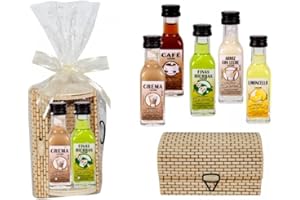 CAPRILO. Lote de 12 Cajas de Mimbre-Bambú + Cinta y Bolsa Celofán con 2 Botellas de Licores La Rivera (A ELEGIR). Regalos Originales. Detalles de Bodas, Bautizos, Comuniones y Eventos. (SURTIDOS)