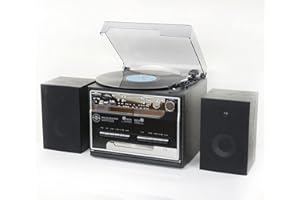 steepletone SMC386r BT, 8 in 1 Retro Music System, Bluetooth, 3 Speed Record Turntable, CD Player, FM/MW Radio. Playback/RECORDING: USB Stick/SD Card, TWIN Cassette Player/RECORDER, Standard, Black