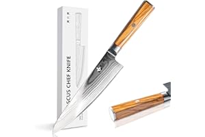 FUJUNI Coltello Cucina Professionale, Coltello Damasco 20Cm - 67 Strati VG10 Acciaio al Carbonio Alto- Coltello da Chef con Manico in Legno d'Ulivo