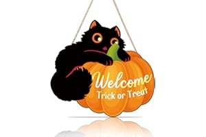 ANHUIB Halloween Signs Trick Or Treat Sign Black Cat Pumpkin Halloween Decoration Halloween Welcome Wall Hanging for Front Door Pumpkin Wood Sign for Home Party Indoor Outdoor Porch Party Decoration