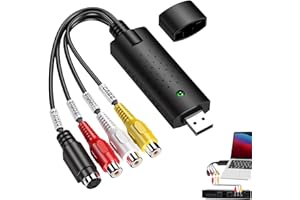 KMUQSHY Convertidor VHS a Digital, Adaptador RCA a USB 2.0, Capturadora de Vídeo Digital para VHS VCR DVD, Grabadora Digitalizadora de Audio y Video Analógico a PC, Adaptador y Software para Windows XP/7/8/10