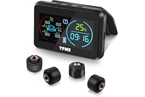 Avutrel TPMS(0-6.5Bar) Sistema Monitoreo De PresióN De NeumáTicos Carga Solar USB, 4 Sensor Presion Neumaticos 5 Modos De Alarma Monitorización（Temperatura y presión etc.）para Coche SUV Furgoneta