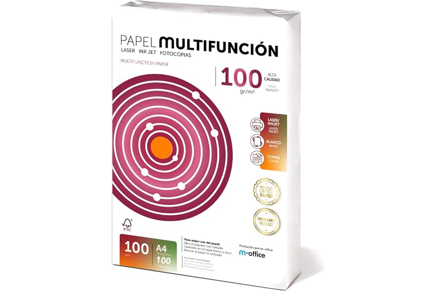 Folios A4 100gr 100 hojas, Papel Multiusos Impresora, Folios para Impresoras Laser y de Inyección, Fotocopiadora, Fax, Para u