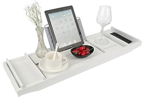 HUOLE Vassoio per Vasca da Bagno, in bambù, Estensibile, con Supporto per Computer Portatile e Supporto per iPad, Telefono, Tablet, Kindle, Vino e Candele