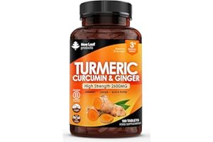 NEW LEAF PRODUCTS Turmeric Tablets 2600mg with Black Pepper & Ginger - 95% Curcumin Extract -180 Turmerics and Black Pepper Tablets (3 Months) High Strength Active Turmeric Supplements Not Capsules,by New Leaf