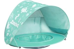 Zooawa Tienda de campaña de playa para bebé, portátil con mini piscina y protección UV, refugio infantil con juego de arena, verde menta