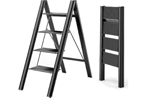 BQKOZFIN 4-Step Ladder Lightweight Folding Aluminum Step Stool 330 lbs Capacity with Anti-Slip Wide Pedal for Household, Office, Garage, Garden, Painting, Black
