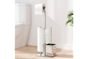 SUSSWIFF Porta Carta Igienica da Terra con Scopino - Acciaio Inox Piantana Portarotolo per WC, con Spazzolino, Vetro, Senza Forare, in Piedi (Argento)